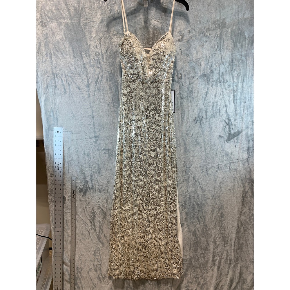 Emerald Sundae Silver Sequin Maxi Dress V-Neck Side Slit Formal Gown Size M